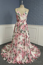 Stylish V Neck Backless Floral Pattern Long Prom Dress, V Neck Floral Pattern Formal Evening Dress