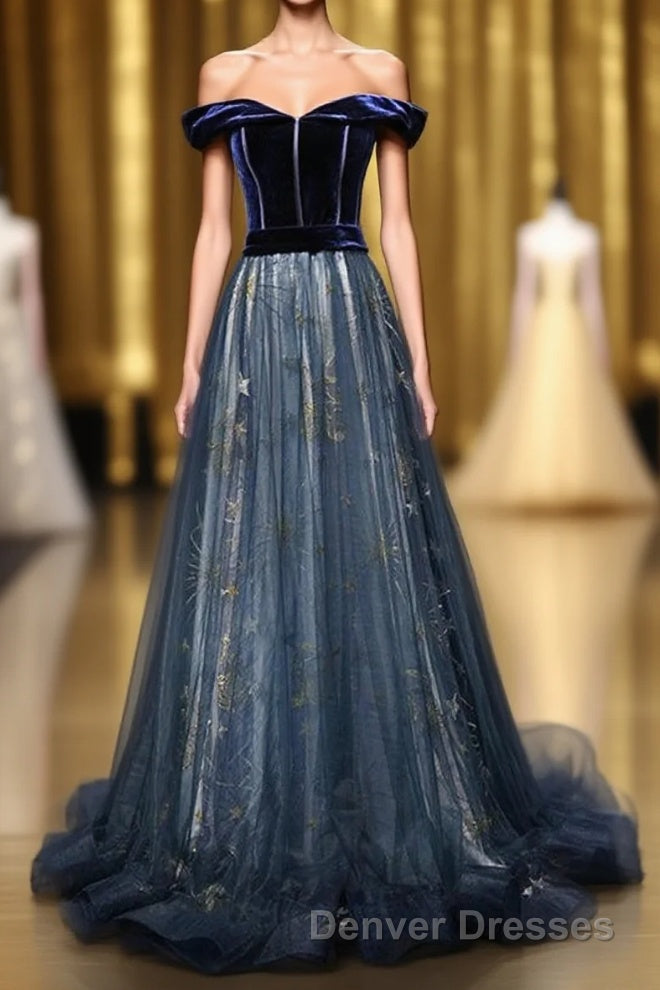 Elegant Off the Shoulder Velvet Floor Length Long Evening Dress Prom Dress Main image