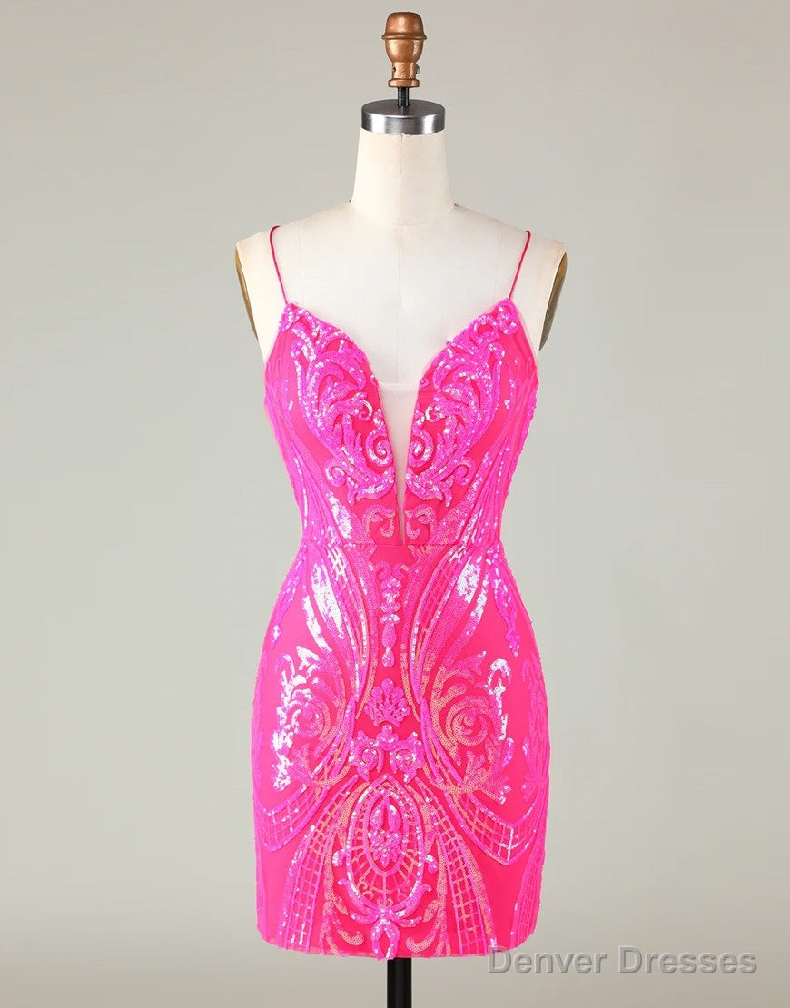 Sparkly Hot Pink Spaghetti Straps Tight Sequins Homecoming Dress Main image