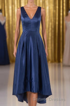 A Line Formal Satin V Neck High-Low Prom Dress