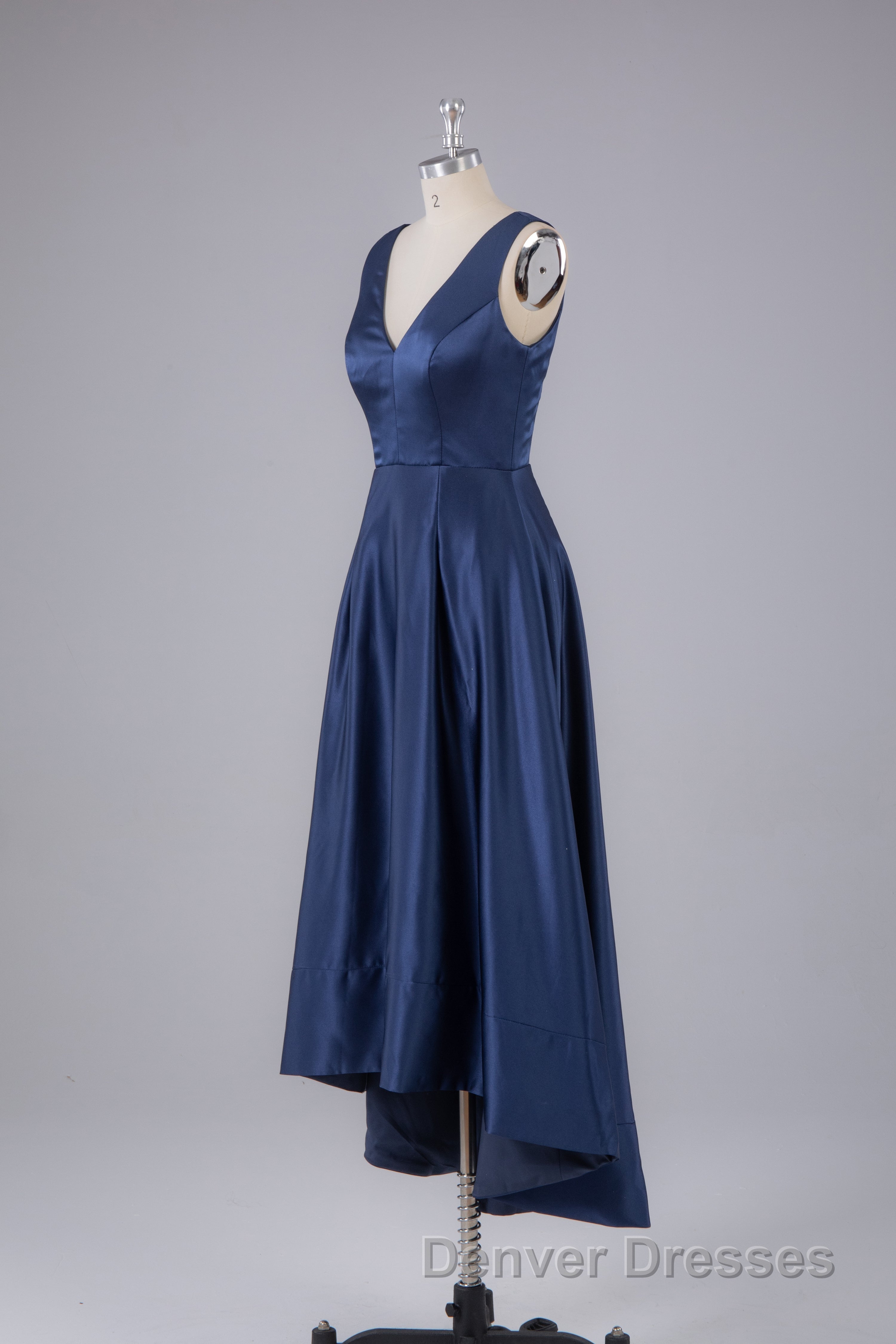 A Line Formal Satin V Neck High-Low Prom Dress Secondary image