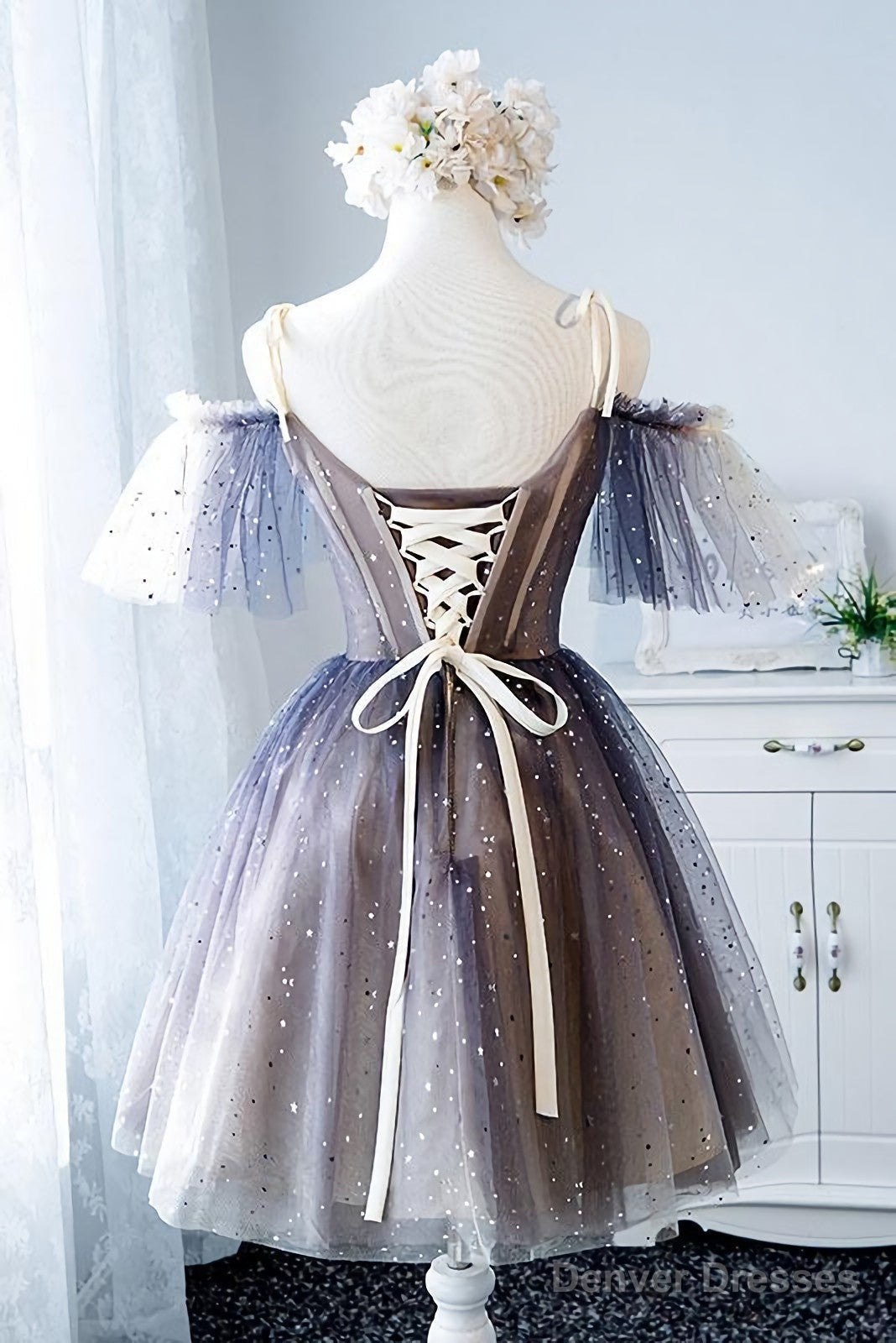 Unique Tulle Off The Shoulder Short Prom Dresses, Lace Up Homecoming Dresses Secondary image