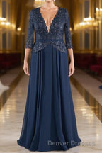 Navy V-Neck Long Sleeves Lace Appliques Chiffon Prom Dress