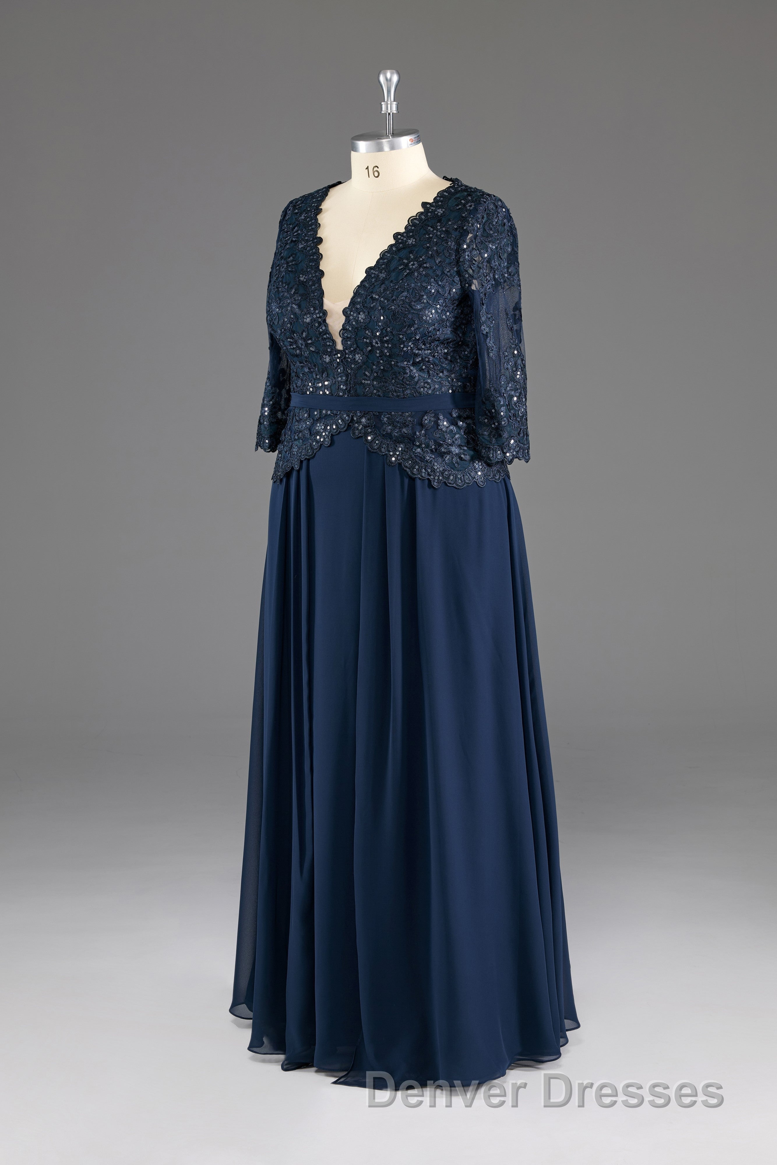 Navy V-Neck Long Sleeves Lace Appliques Chiffon Prom Dress Secondary image