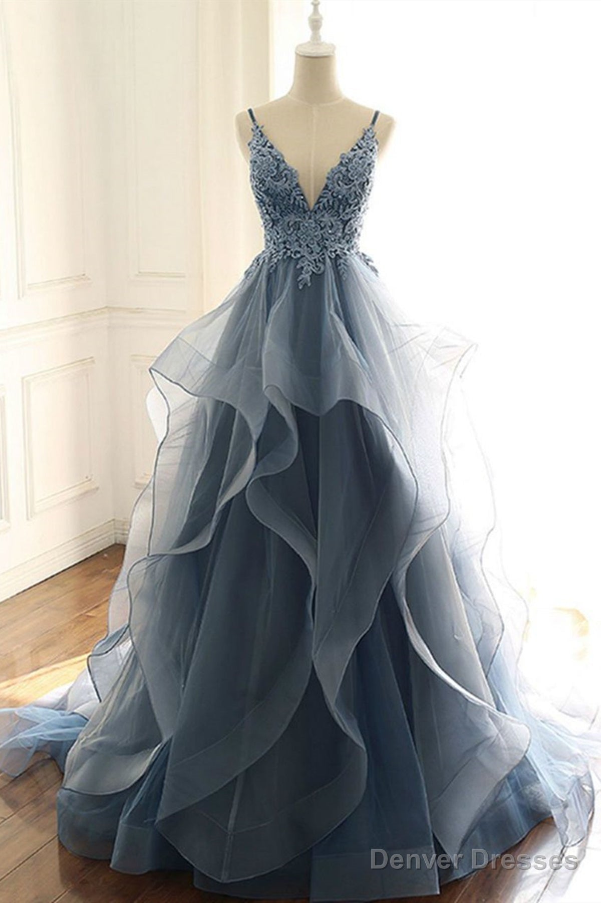 V Neck Blue Gray Lace Prom Dresses, Blue Gray Lace Formal Graduation Prom Gown Main image