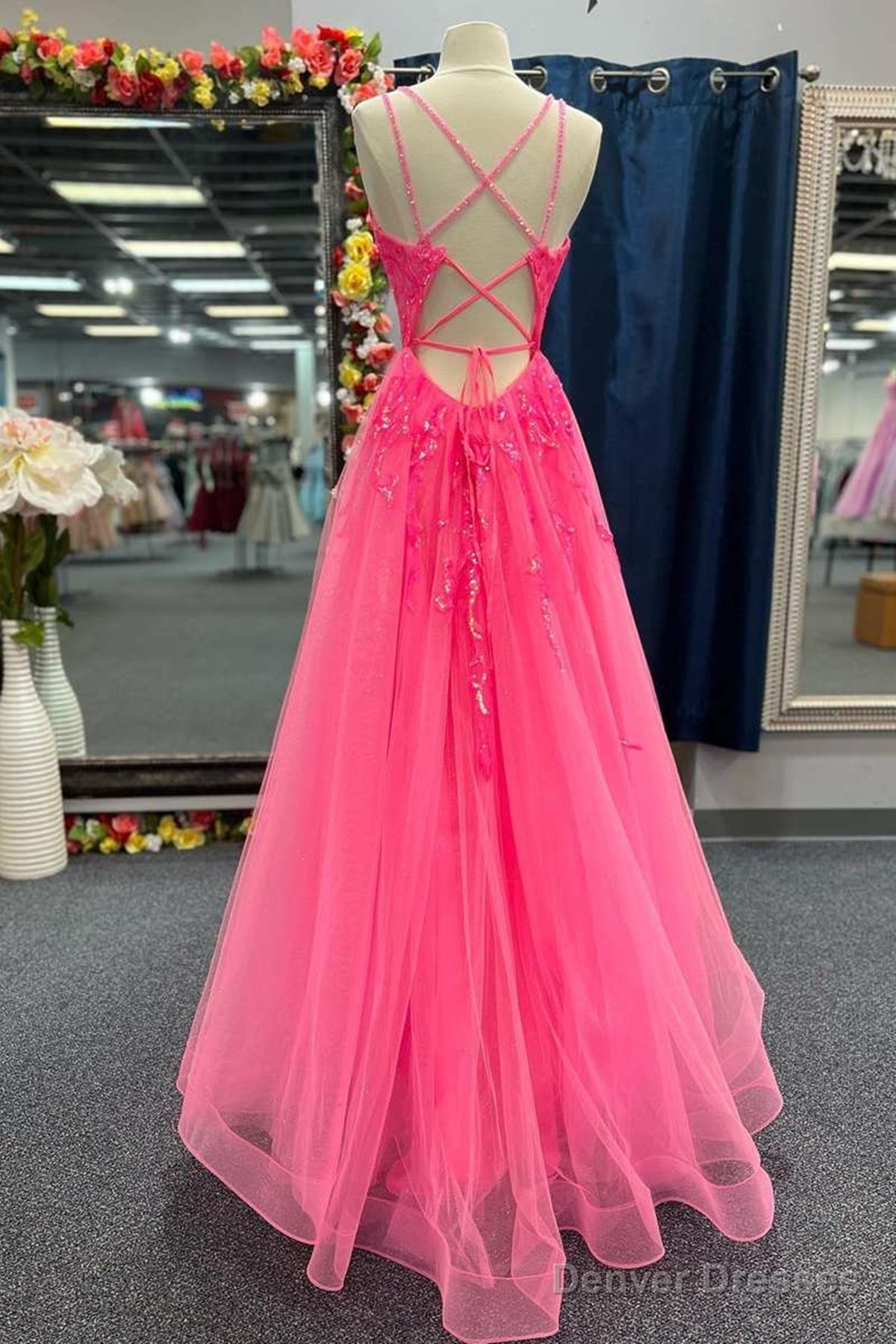 V Neck Hot Pink Backless Lace Prom Dresses, Open Back Hot Pink Lace Formal Evening Dresses Secondary image
