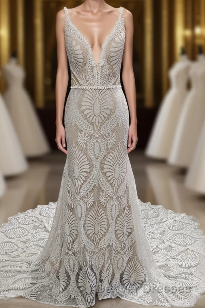 Elegant Spaghetti Straps V Neck Mermaid Lace Wedding Dress Main image