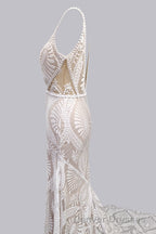 Elegant Spaghetti Straps V Neck Mermaid Lace Wedding Dress