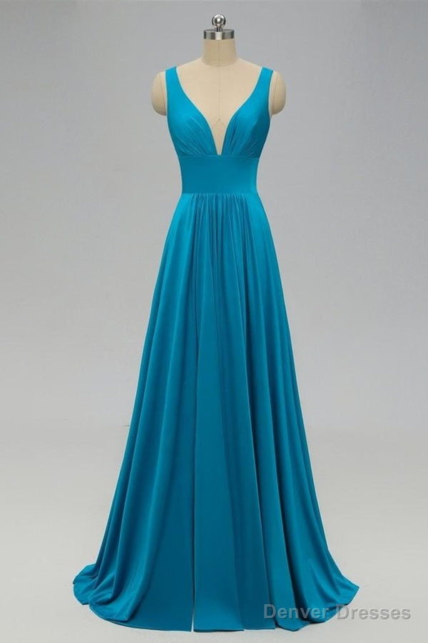 Elegant A-Line Sexy V Neck Gold Long Modest Side-Slit Blue Bridesmaid Dress Main image