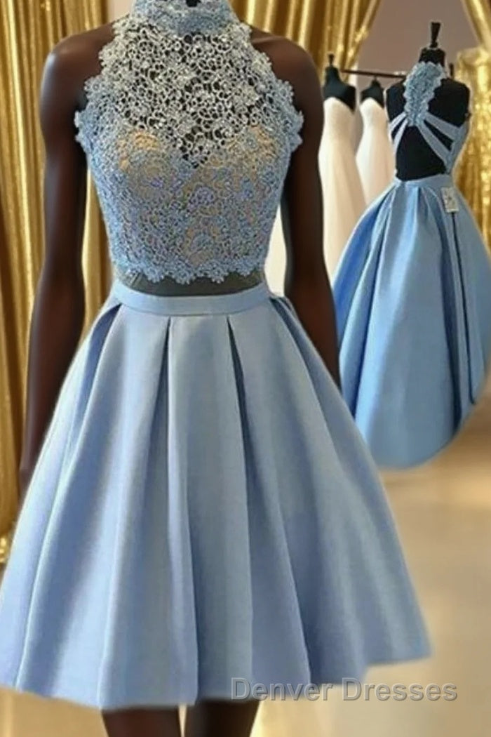Halter Lace Blue Homecoming Dress Main image