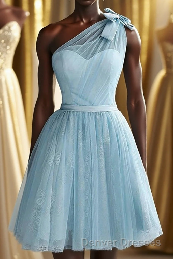 One Shoulder Blue Homecoming Dress With Bowknot Main image