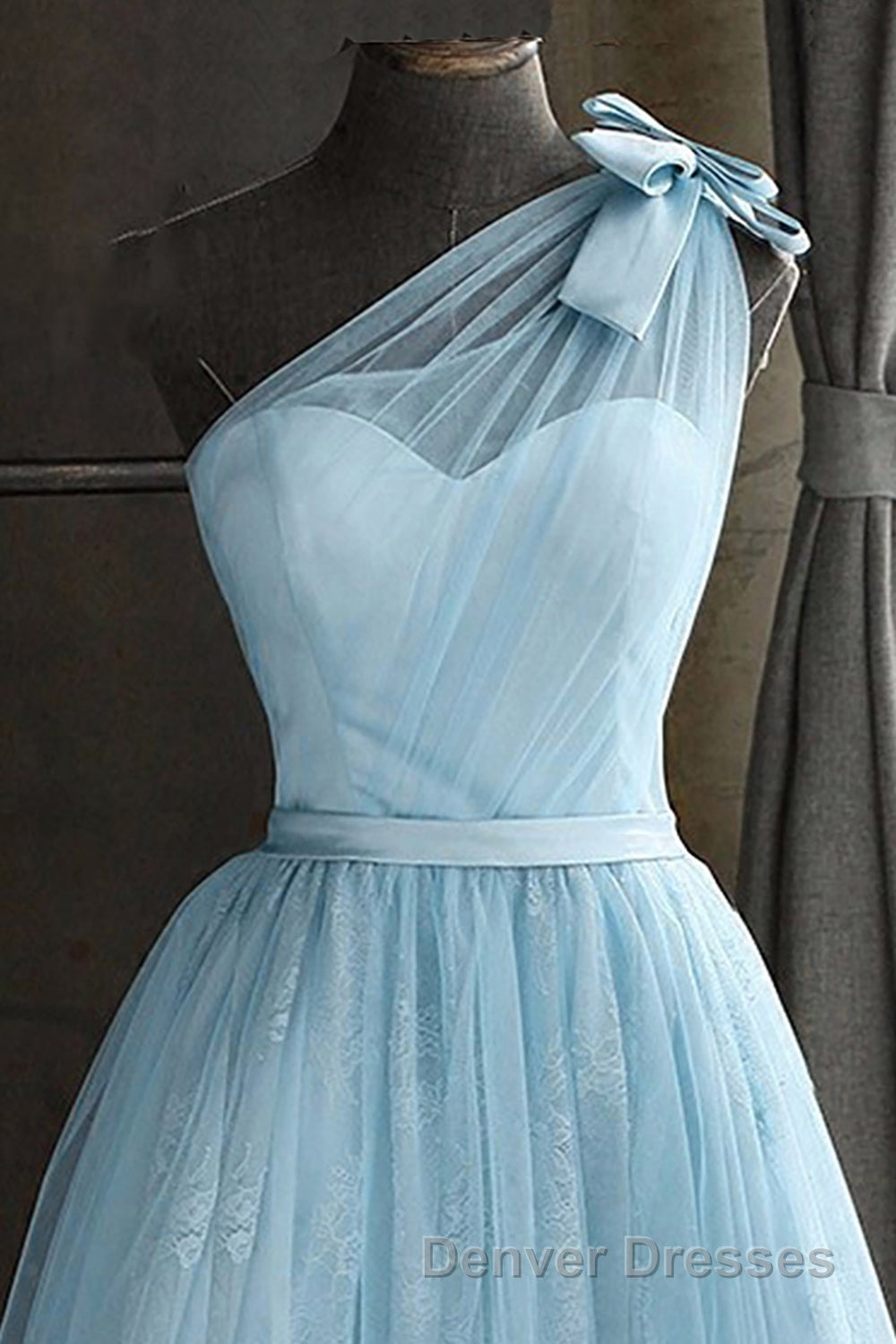 One Shoulder Blue Homecoming Dress With Bowknot Secondary image