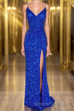 Mermaid Spaghetti Straps Royal Blue Sequins Long Prom Dress