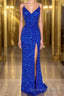 Mermaid Spaghetti Straps Royal Blue Sequins Long Prom Dress