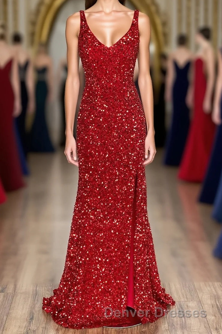 Sheath Spaghetti Straps Red Sequins Prom Dress with Split Front Main image