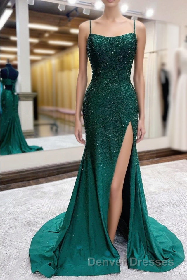 Mermaid Spaghettti Straps Dark Green Sequins Long Prom Dress with Split Front Main image