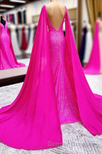 Hot Pink Mermaid Prom Dress With Wateau Train