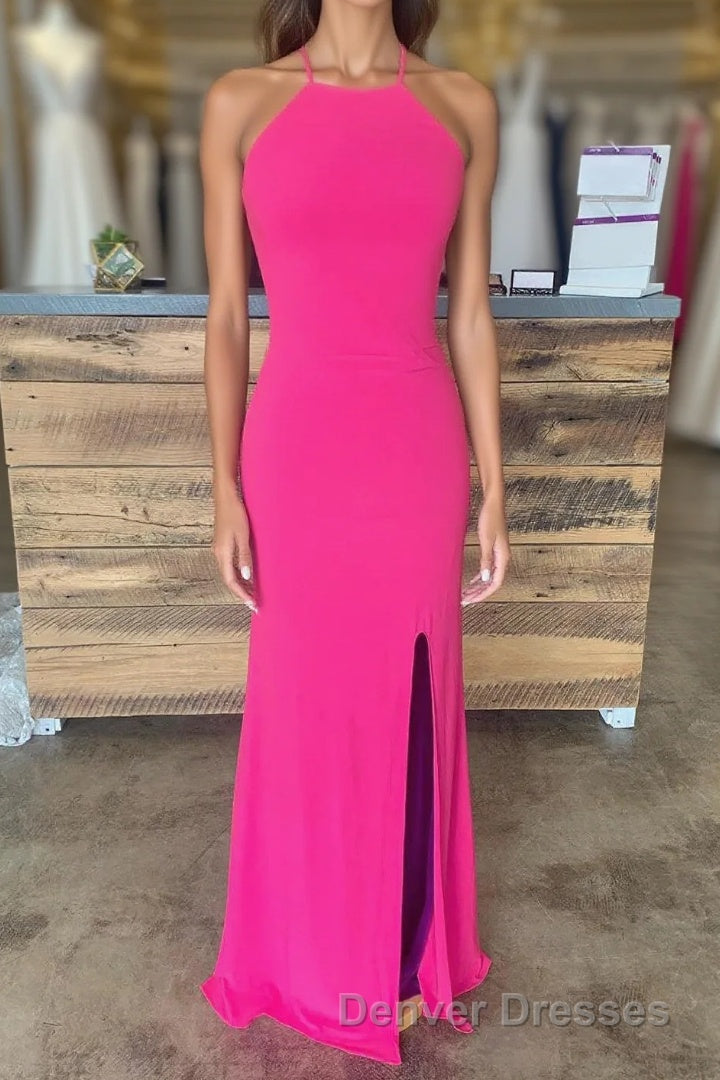 Sheath Halter Hot Pink Long Prom Dress with Silt Main image