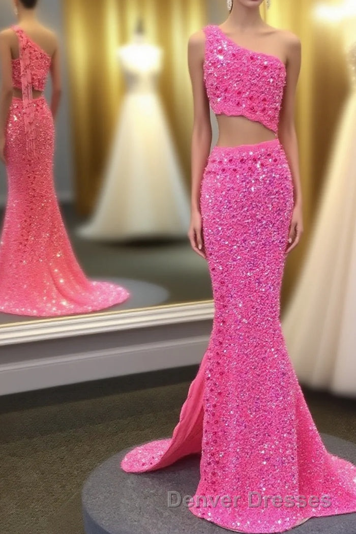 Hot Pink One Shoulder Sequins Prom Dress with Slit Main image
