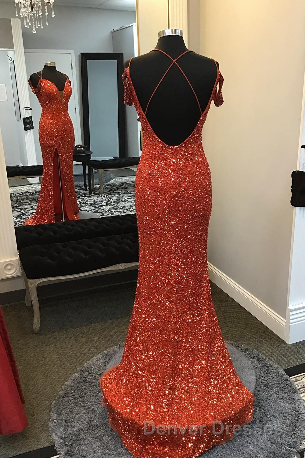 Orange Sparkly Spaghetti Straps Sequins Long Prom Dress with Slit Secondary image