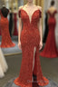 Orange Sparkly Spaghetti Straps Sequins Long Prom Dress with Slit