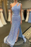 Light Blue One Shoulder Cut-Out Mermaid Long Prom Dress with Fringes