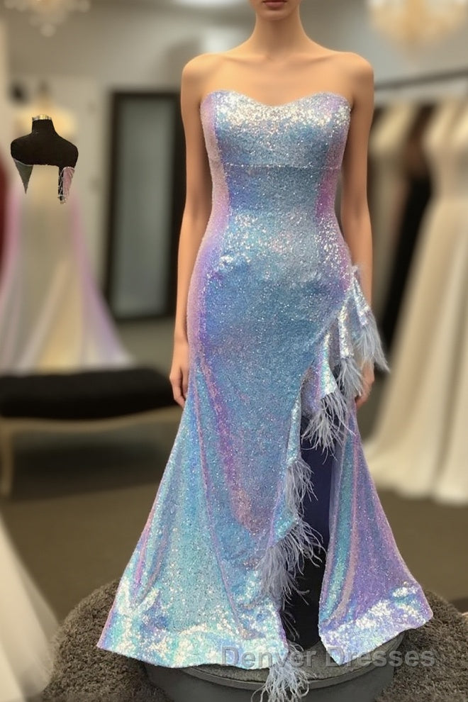 Plus Size Light Blue Sweetheart Mermaid Sequins Long Prom Dress with Feathers