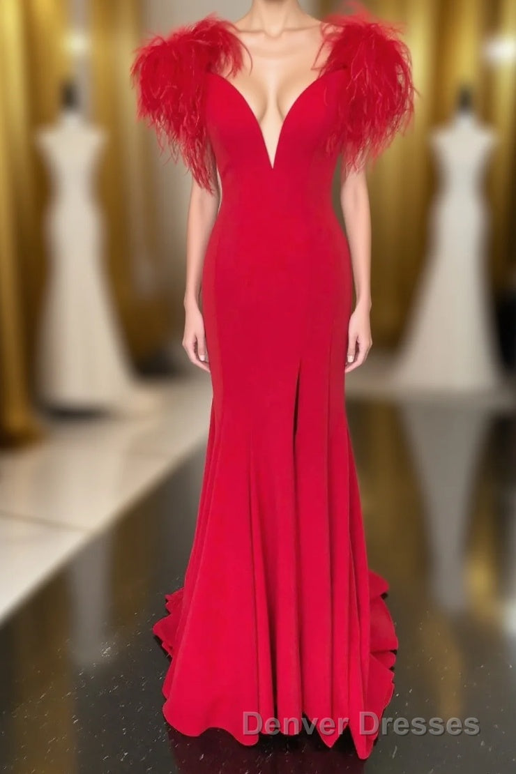 Red Mermaid Long Prom Dress with Feathers Main image