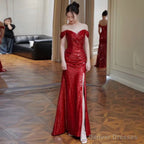 Off-Shoulder Sequin Side-Slit Trumpet Evening Gown