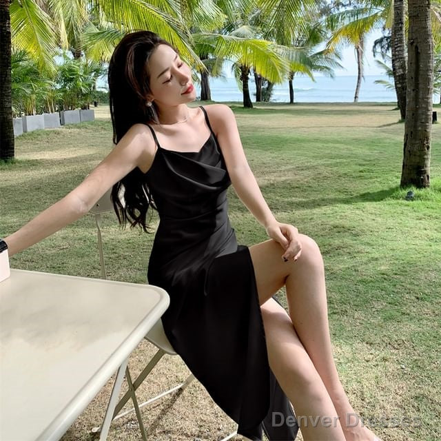 Black Spaghetti Strap Cowl Neck Plain Ruched Satin Slit Midi Sheath Dress Main image