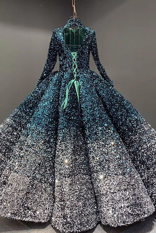 Glitter High Neck Open Back Lace Up Ball Gown Prom Dress Secondary image