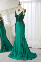 Dark Green Spaghetti Straps Mermaid Satin Prom Dress With Appliques