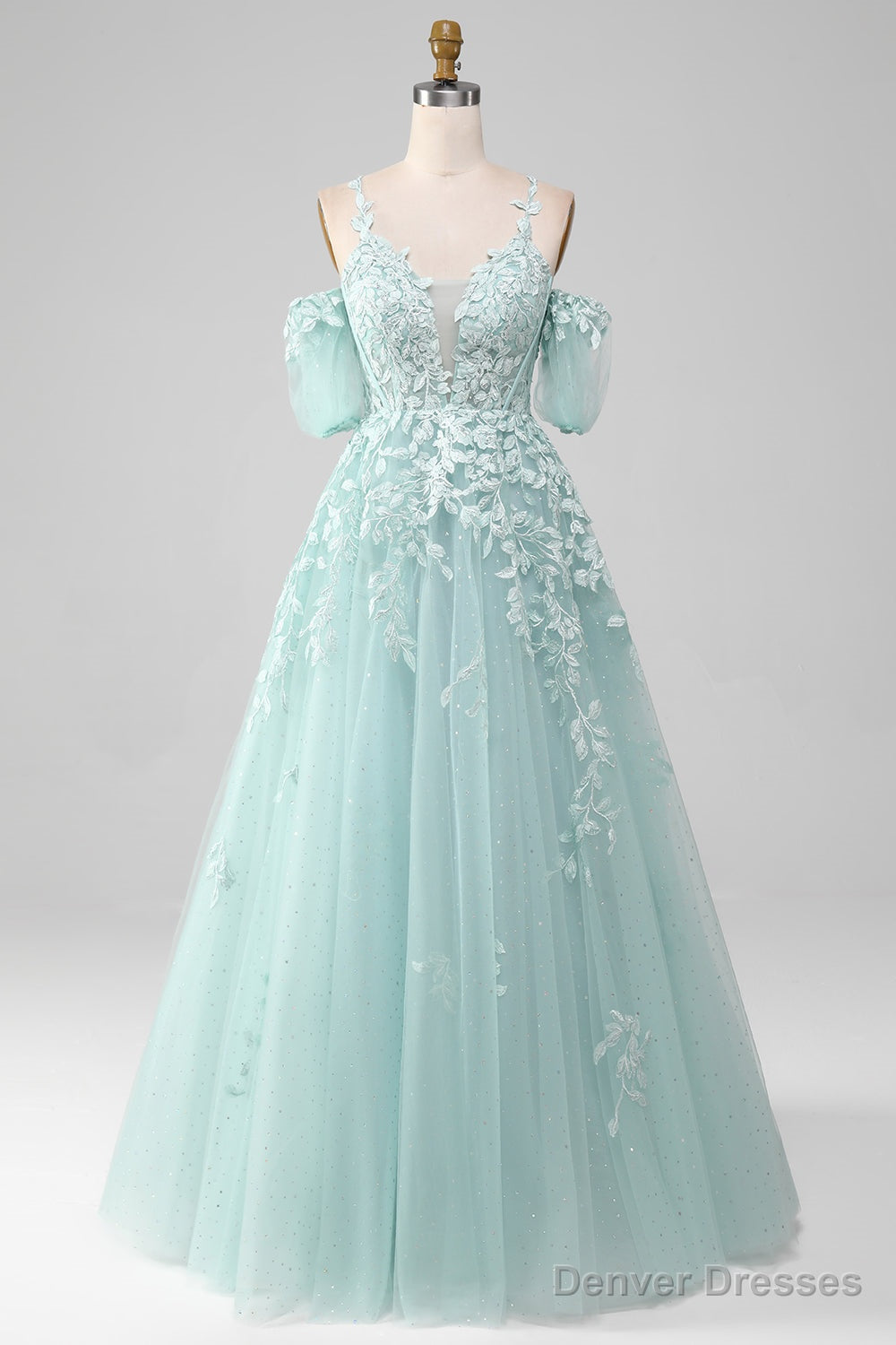 Mint A Line Tulle Off the Shoulder Lace Up Long Prom Dress With Appliques Secondary image