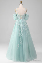Mint A Line Tulle Off the Shoulder Lace Up Long Prom Dress With Appliques