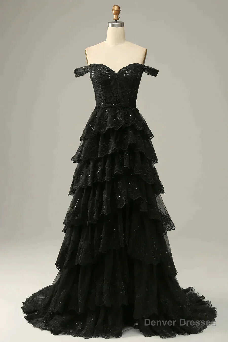 Sparkly Black Off The Shoulder Long Tiered Corset Prom Dress With Sequ – Denver Dresses