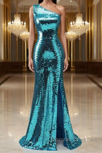 Sparkly Blue Sequins One Shoulder Long Prom Dress with Slit