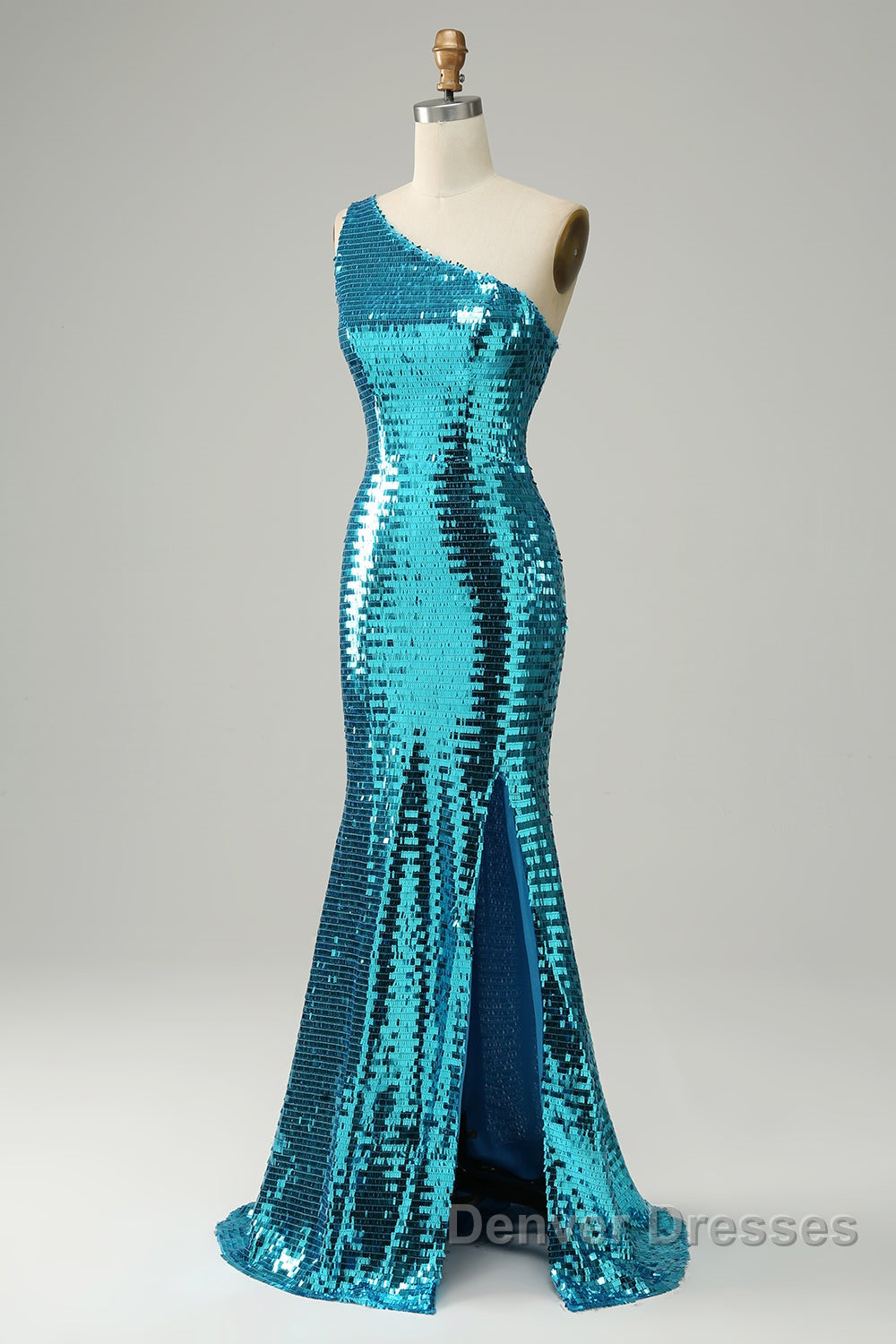 Sparkly Blue Sequins One Shoulder Long Prom Dress with Slit