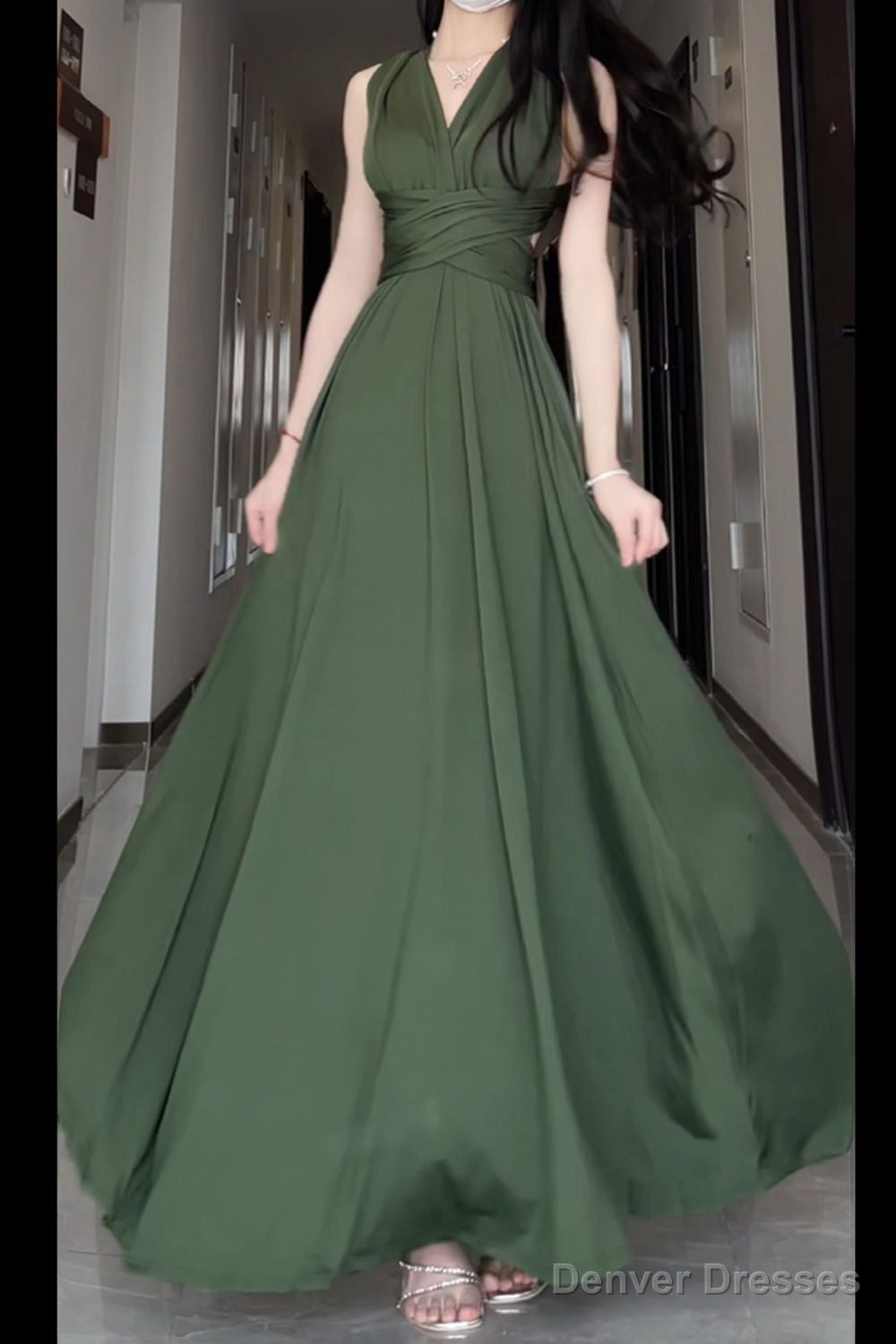 V Neck Halter Neck Green Dress