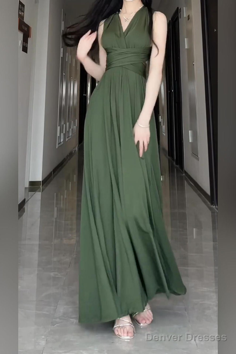V Neck Halter Neck Green Dress Main image