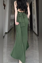 V Neck Halter Neck Green Dress