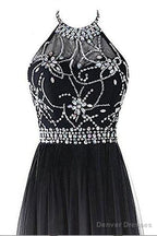 Classy Black And White Halter Lace Up Long Beaded Prom Dress