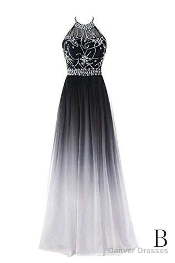 Classy Black And White Halter Lace Up Long Beaded Prom Dress Secondary image