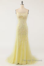 Mermaid Blue Long Prom Dress Backless Evening Dress