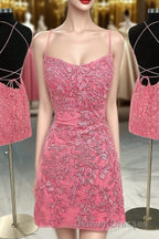 Coral Short Tight Homecoming Dress with Lace Beading