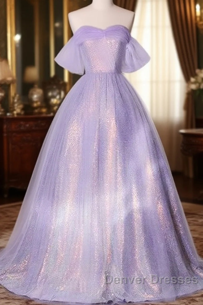 A Charming Sequin Lavender A-Line Sheer Strapless Dance Dress, Lavender Princess Off The Shoulder Sleeveless Sheer Evening Dress