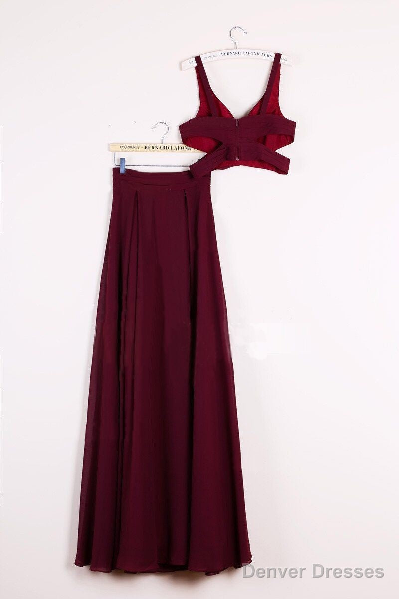 A Line 2 Pieces Floor Length Burgundy Chiffon Prom Dress, 2 Pieces Burgundy Formal Dresses, Bridesmaid Dresses