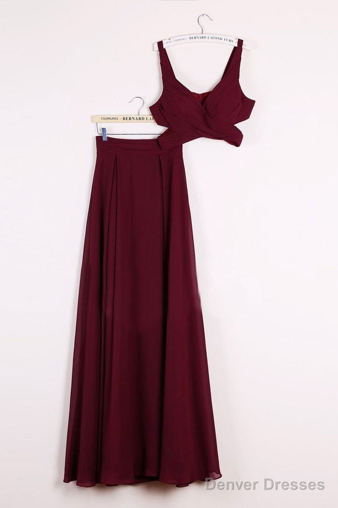 A Line 2 Pieces Floor Length Burgundy Chiffon Prom Dress, 2 Pieces Burgundy Formal Dresses, Bridesmaid Dresses