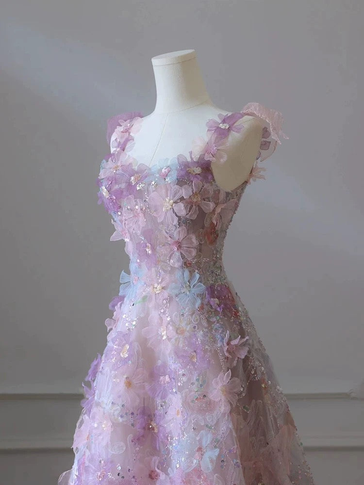 A Line 3D Floral Lace Skirt Tulle Bodice Floor-Length Prom Dress