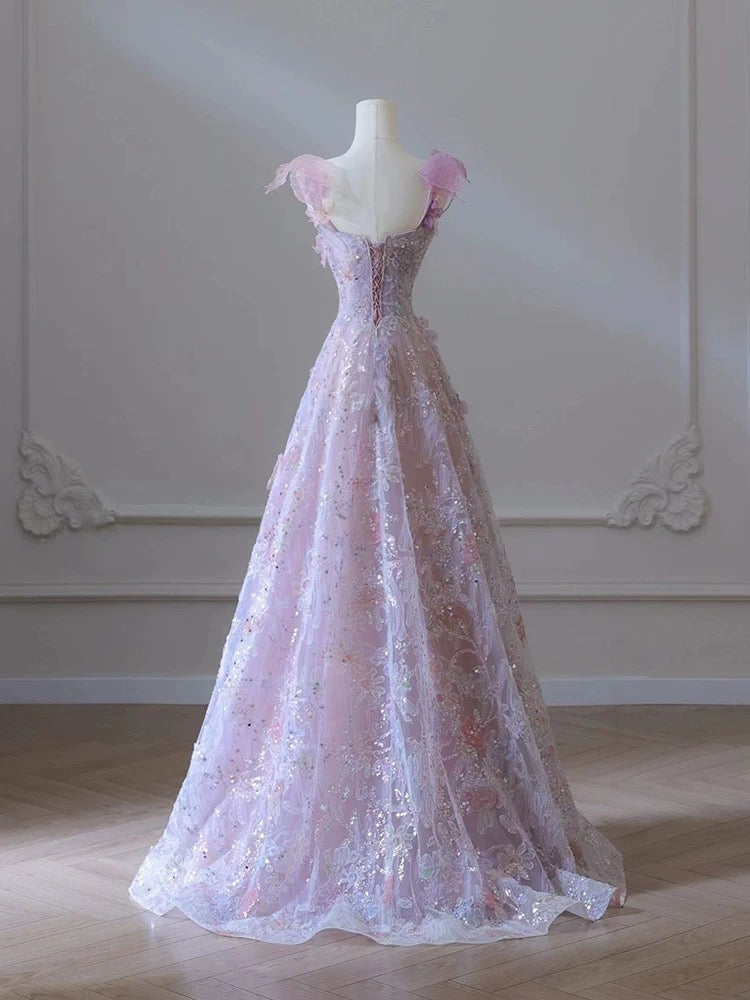 A Line 3D Floral Lace Skirt Tulle Bodice Floor-Length Prom Dress