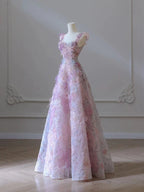 A Line 3D Floral Lace Skirt Tulle Bodice Floor-Length Prom Dress